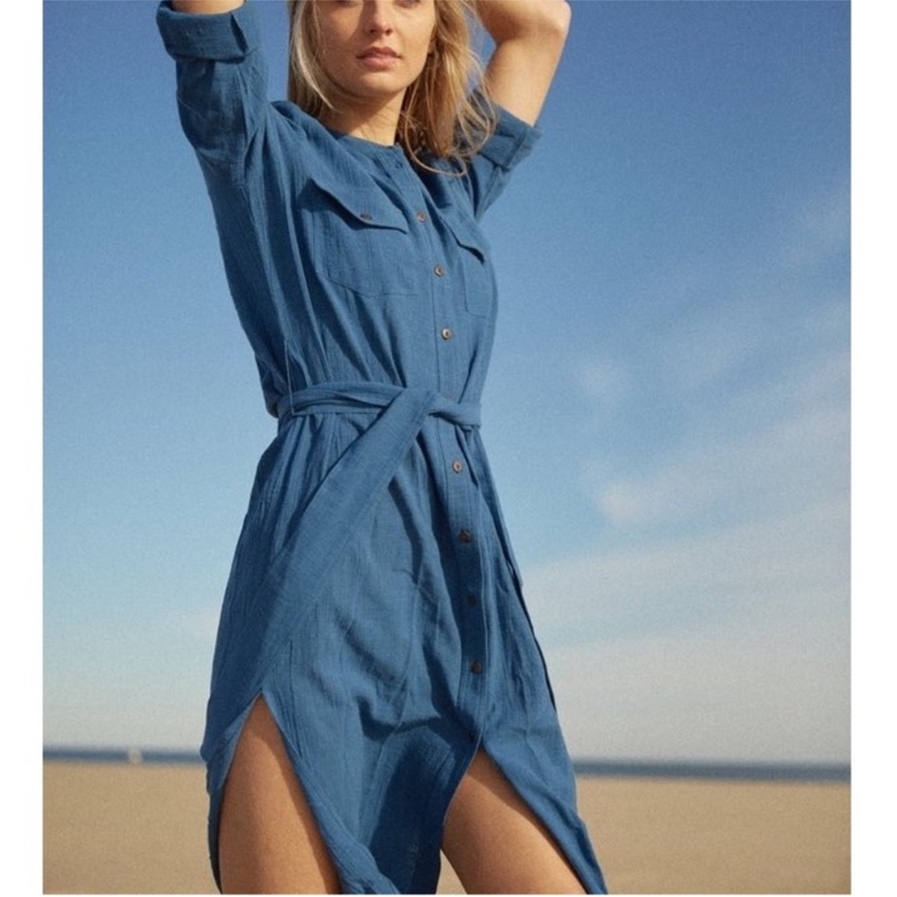 VERONICA BEARD Blue Makua Midi button Belted Shirtdress- Medium